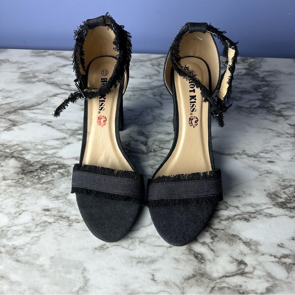 Hot Kiss Black Faux Denim High Heels with Fringe Accents. U.S Size 10